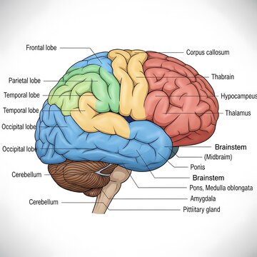 Anatomical Illustration of the Human Brain with Labeled Regions.