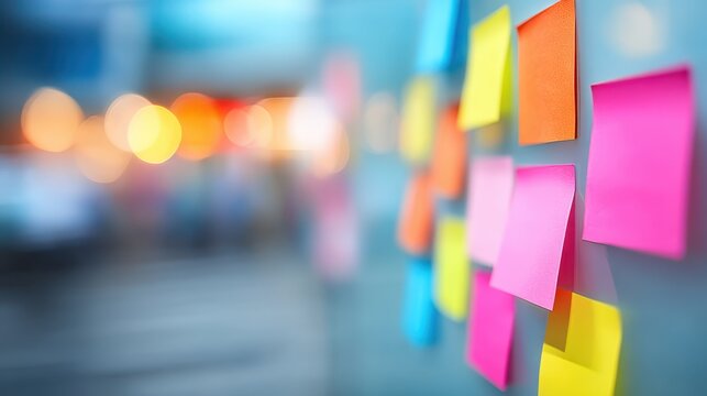 Creative brainstorming session in office colorful sticky notes on glass wall collaborative environment close-up view