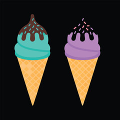 Two Cartoon Ice Cream Cones with Toppings, Mint and Lavender Ice Cream Cones, Vector Ice Cream Illustration on Black Background, vector, illustration