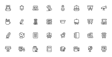 Education icon set. Vector illustration. Includes sybols for backpack, online earning, books, graduationhat, calculator, globe andmore. Editable stroke.