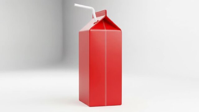 A glossy red juice box with a white straw isolated on a white background
