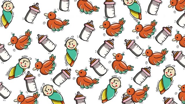 Doodle baby pattern with cute bottles, birds, and wrapped babies. Suitable for baby shower invitations, nursery decor, and childrens products.