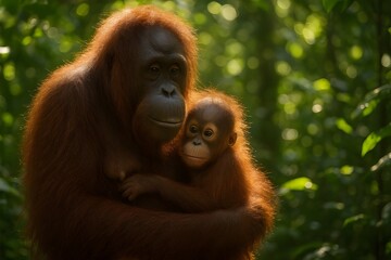 Fototapeta premium Loving Orangutan Mother Hugging Baby in Green Forest – Emotional Wildlife Moment