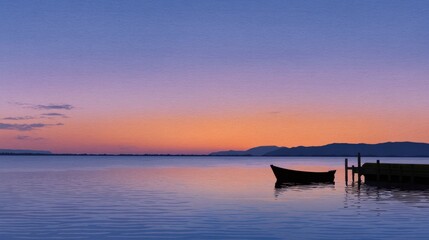 Gentle Dawn Watercolor Scene of a Boat Anchored by a Dock on Calm Water
