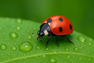 Red Ladybug on Fresh Green Leaf with Water Droplets