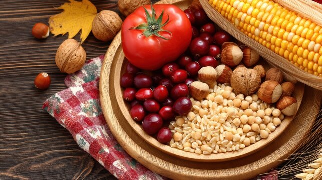Harvesting fresh ingredients vibrant tomato and nuts platter on rustic wooden table food photography autumn vibes