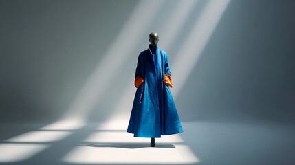 An androgynous mannequin, with a slender silhouette and graphite gray color, is isolated in the center of a minimalist and entirely white fashion runway, under dramatic lighting that casts long shadow