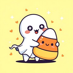 Naklejka premium A ghost hugging a candy corn with love and affection on a bright yellow background