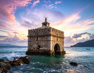 Stone structure sits in ocean at sunset with dramatic sky