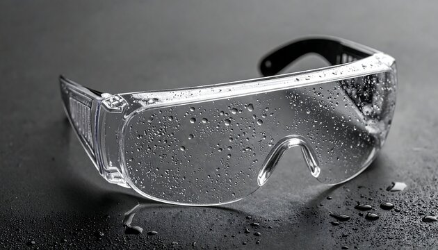 Protective eyewear with water droplets against dark background - Powered by Adobe