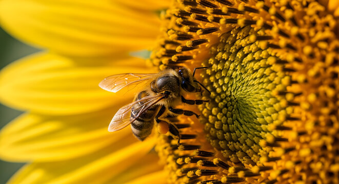 Busy honey bee actively pollinating a vibrant yellow sunflower in full bloom, highlighting nature's essential role in ecosystems.