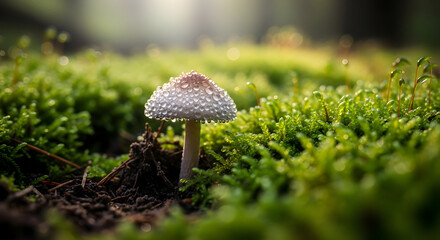 Small Mushroom Covered in Morning Dew Drops Nestled in Vibrant Green Moss on Forest Floor