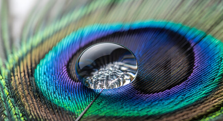 Obraz premium Close-up of a Water Droplet Magnifying Peacock Feather Eye with Vibrant Iridescent Colors