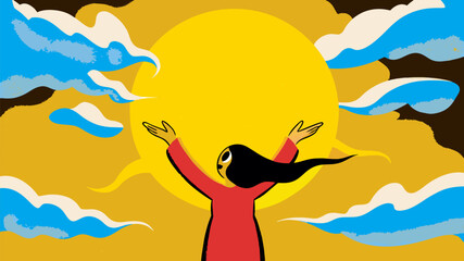 Stylized Young Woman Embracing Bright Sun Illustration