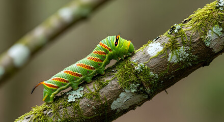 Vibrant Green Caterpillar with Orange Stripes Crawling on a Mossy Branch in a Natural Forest Environment