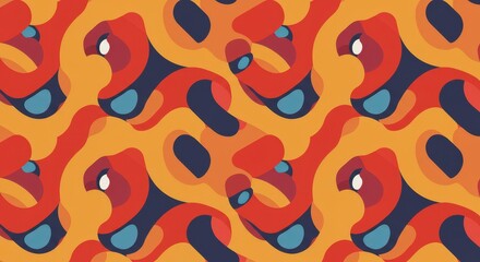 Abstract illustration of orange and red shapes with blue accents on a yellow background