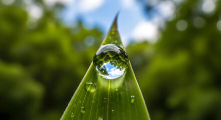 Perfect water droplet clinging to a vibrant green blade of grass, reflecting an inverted image of trees and blue sky
