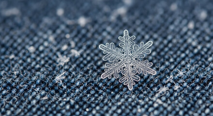 Delicate real snowflake intricately detailed against a textured dark blue denim fabric background, a contrast of nature and material