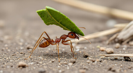 Determined red ant carrying a vibrant green leaf, showcasing its impressive strength and the intricate world of insect labor