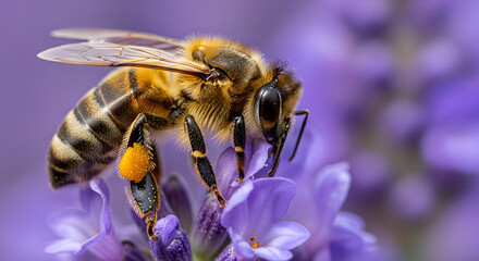 Busy honeybee diligently pollinating a vibrant purple lavender flower, covered in pollen, showcasing vital ecosystem work