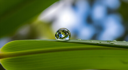 Pristine water droplet suspended on a vibrant green blade of grass, precisely reflecting the surrounding trees and blue sky