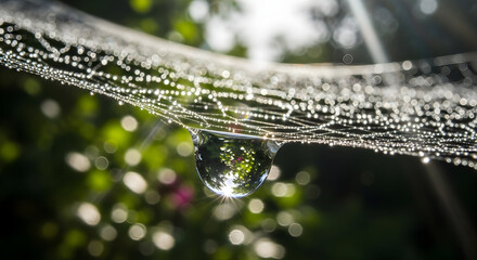 Glistening water droplet hanging from a dew-covered spiderweb, perfectly reflecting green foliage and bright sunlight