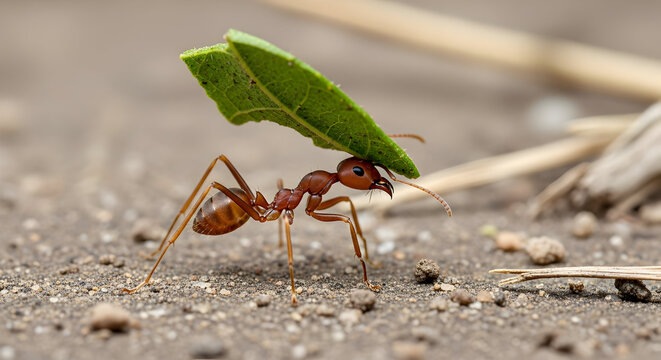 Determined red ant carrying a vibrant green leaf, showcasing its impressive strength and the intricate world of insect labor