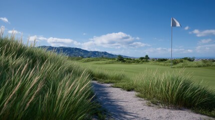 Scenic golf course with wind-swept sand traps and lush grass under a clear blue sky