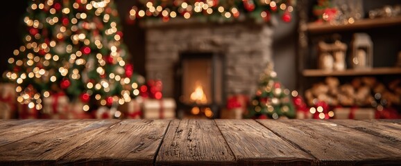 Rustic wooden table with blurred Christmas decor