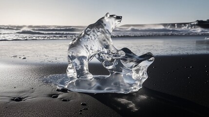 An ice sculpture of a polar bear melting on a beach, a powerful concept for climate change, global warming, and environmental issues.