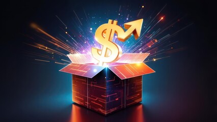 A golden dollar sign bursts from an open gift box, illuminated by vibrant explosions of light and color.  A rising arrow graphic emphasizes growth