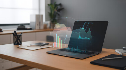 Modern laptop displaying dynamic business graphs in a stylish office setting, showcasing data analytics and financial growth, perfect for presentations and reports