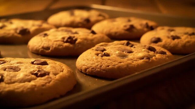 Close-up view of round, golden-brown chocolate chip cookies arranged on a metal baking sheet. The cookies have visible chunks of dark chocolate and appear warm and inviting.