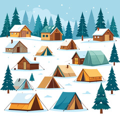 Scenic Winter Vacation Cozy Cabins, Camping Tents Amidst Snow-Covered Pines for a Peaceful Escape