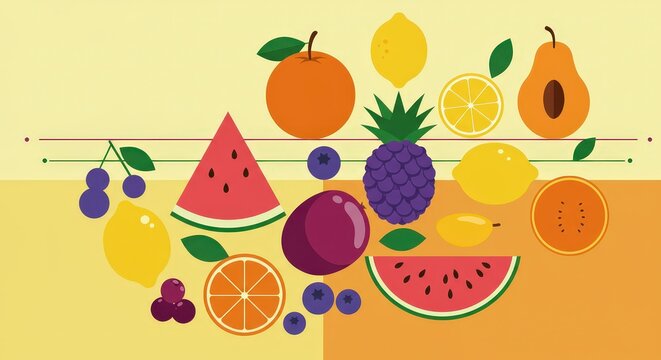 Colorful illustration of various fruits healthy food concept and design elements