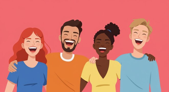 Diverse group of happy people laughing together against a red background