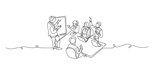 Continuous one line drawing of young office workers giving high five together  business teamwork concept  single line art