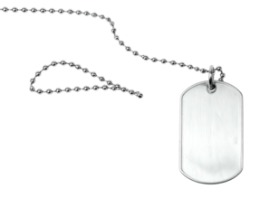A shiny blank silver dog tag on a beaded chain, isolated against black