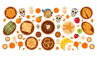 Dia de los Muertos Feast Traditional Altar with Food and Skulls