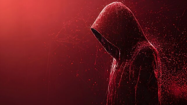 Mysterious hooded figure dissolving into a red digital network