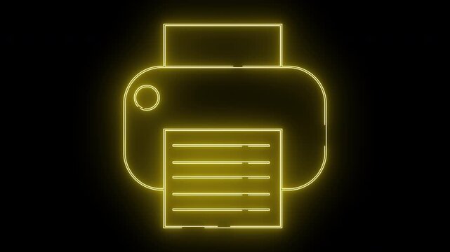 Luminous yellow neon line art of a printer set against a black background