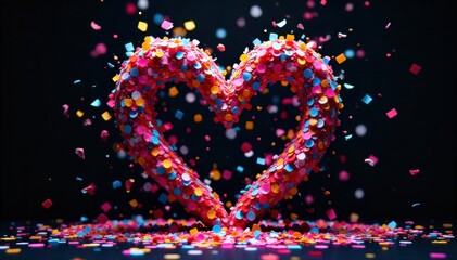A swirling vortex of multi colored confetti magically coalescing into a dynamic heart shape. A dynamic, swirling vortex of multi colored confetti in a blur of motion, magically coalescing into an