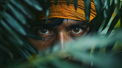 Person s intense gaze through jungle foliage with yellow headband