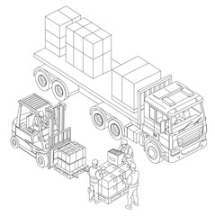 Line art illustration of truck forklift and some workers transporting goods
