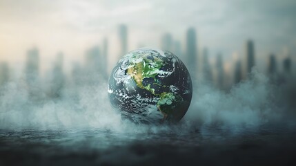 Planet Earth surrounded by thick smog set against a blurry urban skyline symbolizing environmental crisis