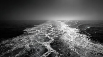 Abstract Black and White Image of Vast Ocean with White Lines, Evoking Emptiness and Loneliness