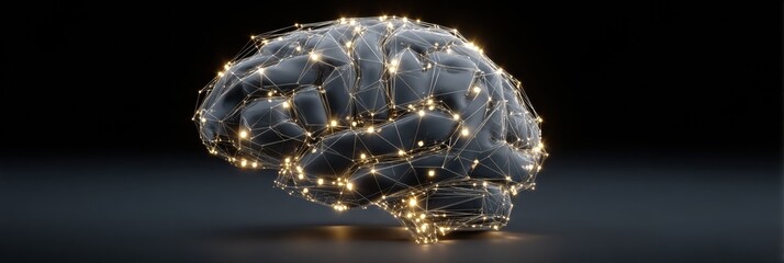 A three-dimensional brain model is depicted, showcasing bright connections and pathways, simulating neural activity against a black backdrop.