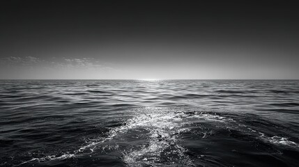 Abstract Black and White Image of Vast Ocean with White Lines, Evoking Emptiness and Loneliness