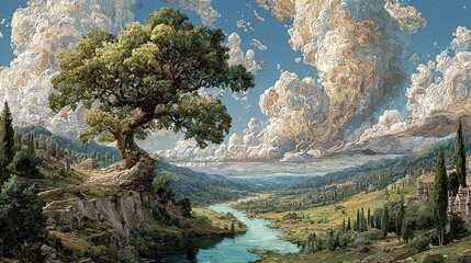 A Painting of a Lush Tree of Life Along a River Bank, with Sun and Clouds Filling the Sky, Created by Generative AI