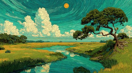 A Painting of a Lush Tree of Life Along a River Bank, with Sun and Clouds Filling the Sky, Created by Generative AI